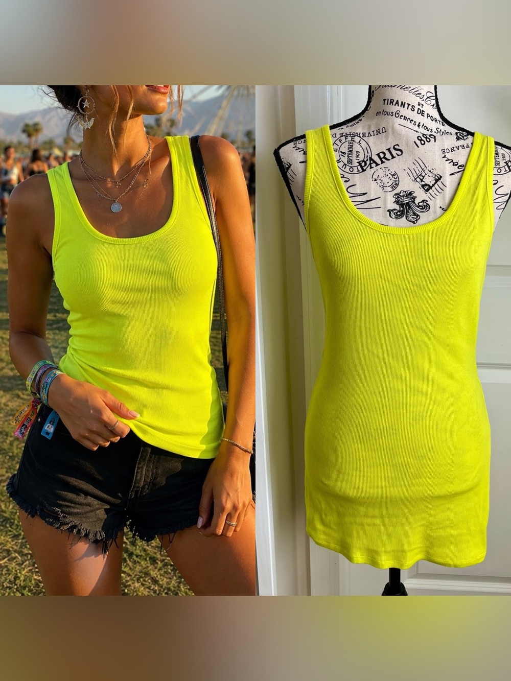 Charlotte Russe Y2K Ribbed Long Tank Top Neon Yellow Sz L